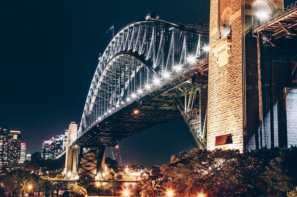 black and brown concrete bridge during night time